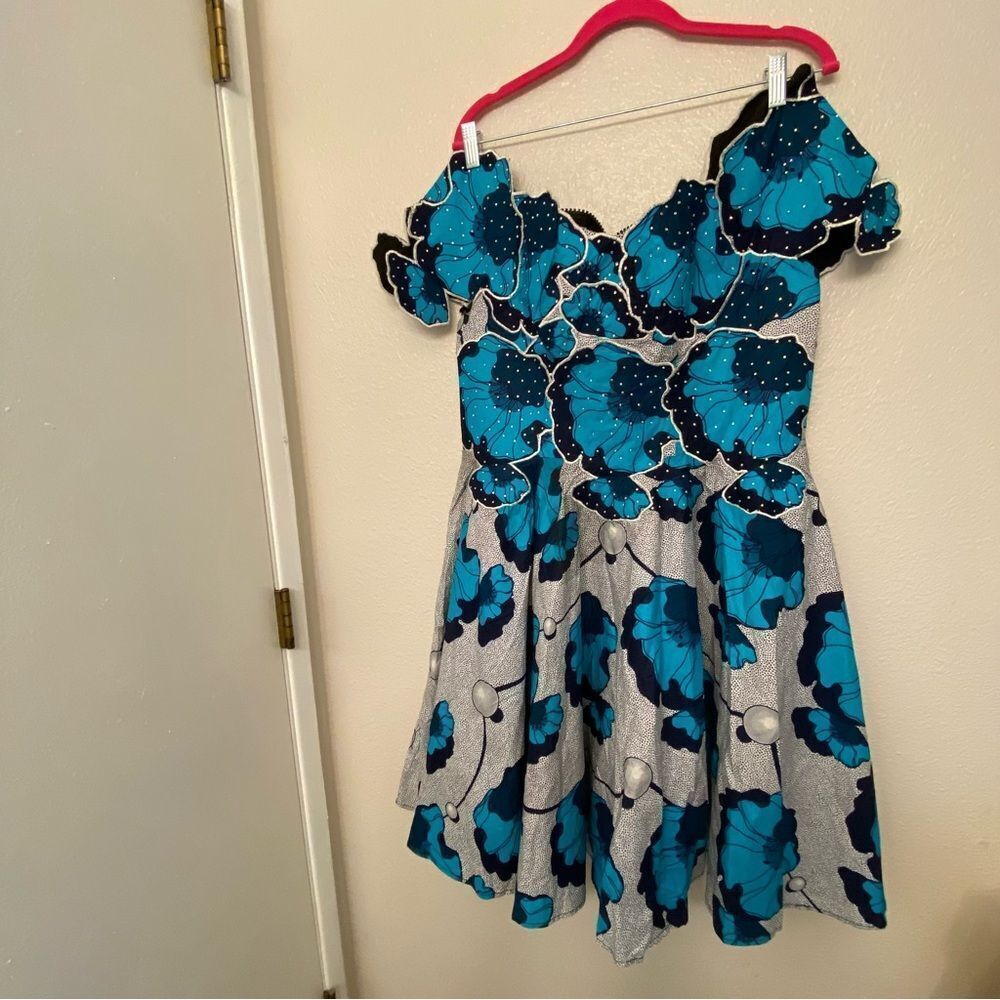 OOAK Custom Blue Floral Rhinestone Rockabilly Pin Up coquette Party Dress 12-14 - Picture 6 of 15